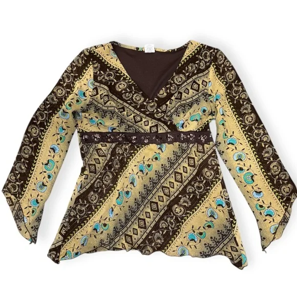 Brown Boho Y2K V-Neck Bell Sleeve Blouse M - Picture 2 of 14